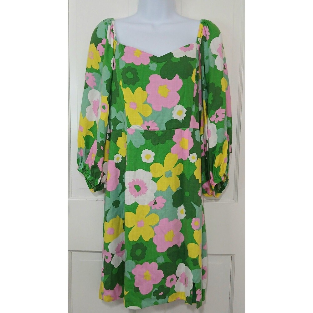Sugarlips Women's Large Green Floral Mini Dress Puff Sleeve Square Neck - Picture 2 of 16